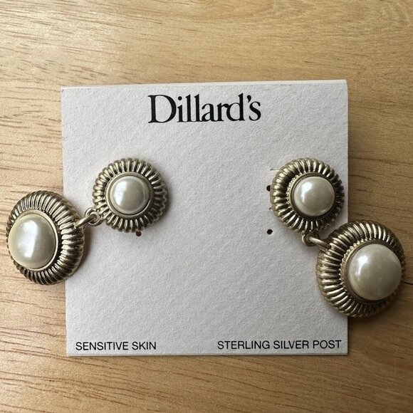 Dillards Sensitive Skin 925 Sterling Post Earrings Dangle 1.5" Faux Pearl New - Picture 4 of 6